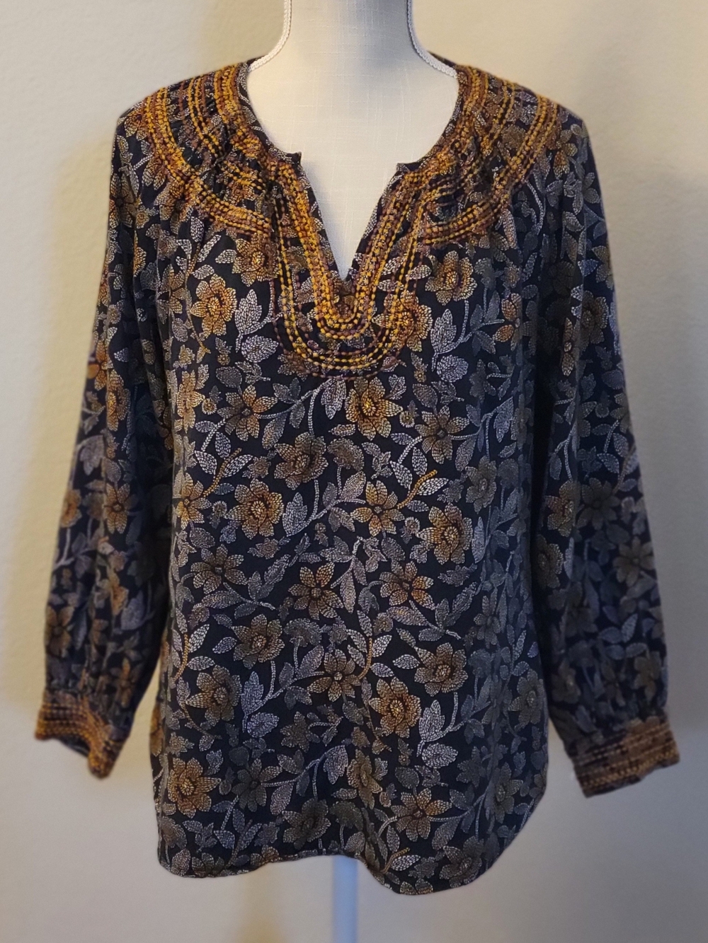 Pure Jill Boho Embroidered Floral Navy Gold Tunic Blouse Small Petite